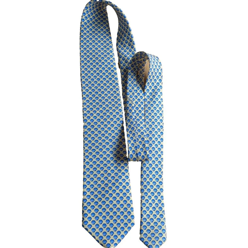 Vintage J.CREW Men's Woven Silk Tie Yellow Blue Geometric Shell Pattern Classic